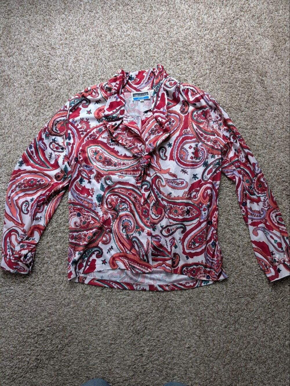 Vtg‎ 70s Red Paisley Ruffle Collar Disco Blouse Sz M With Tie Detail Party Retro